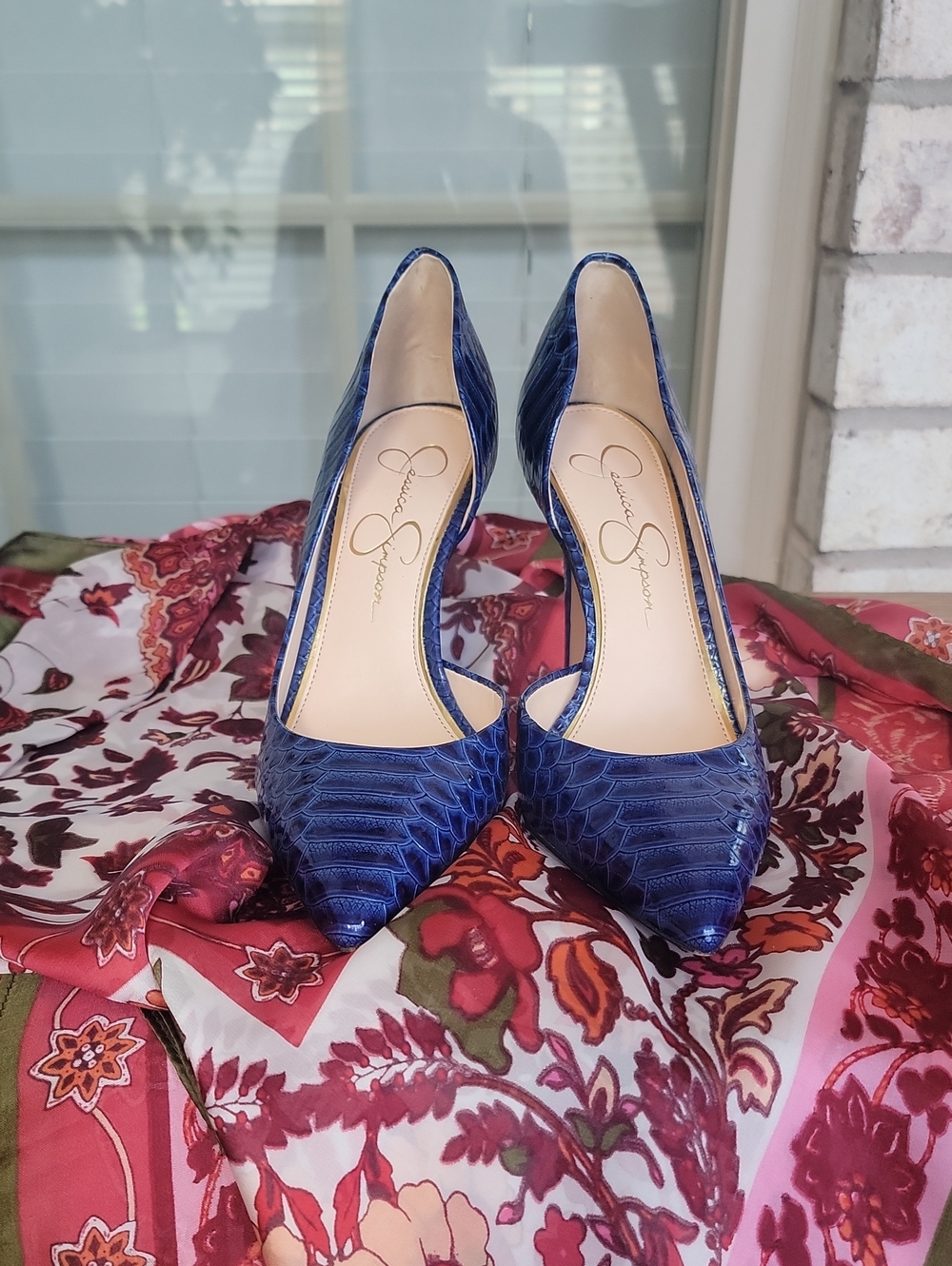 Jessica Simpson Navy Croc-Embossed D'Orsay Pointed Toe Pumps